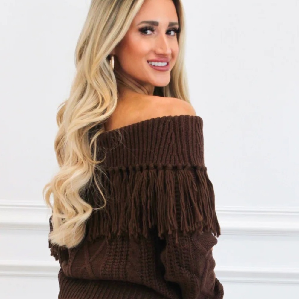 Brown Off-Shoulder Sweater With Fringe Detail and Attached Front Belt